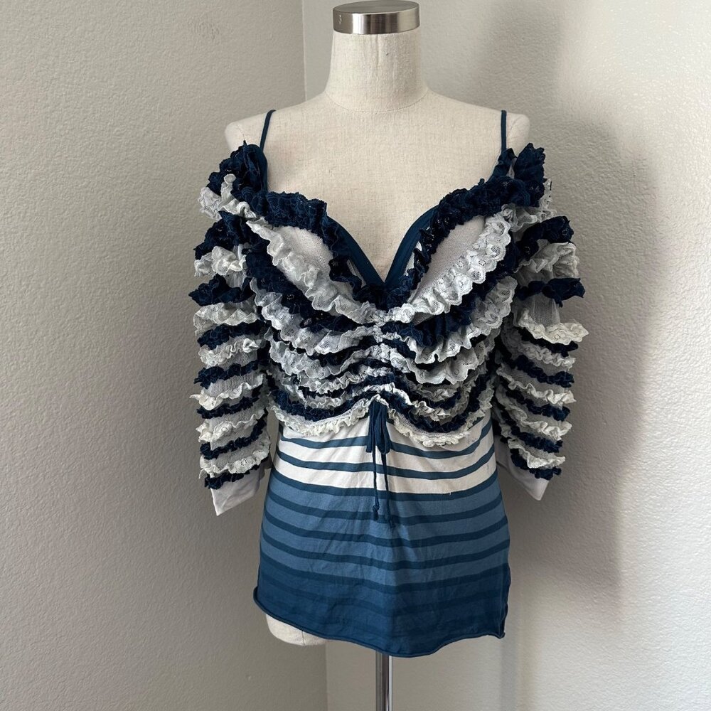 Jean Paul Gaultier Ruffled Blue & White Striped Lace Top Spaghetti Straps Sz S